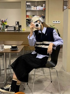 学院风套装 两件套韩剧穿搭 女秋季 慵懒风条纹马甲针织背心叠穿衬衫