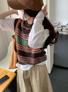 两件套茶系 时尚 套装 初秋新款 小个子彩色条纹马甲背心叠穿上衣女装