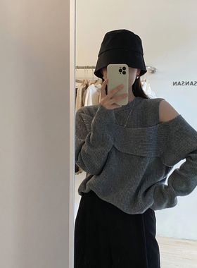 灰色毛衣女早春2024新款韩版露肩一字领针织衫独特绝美上衣高级感