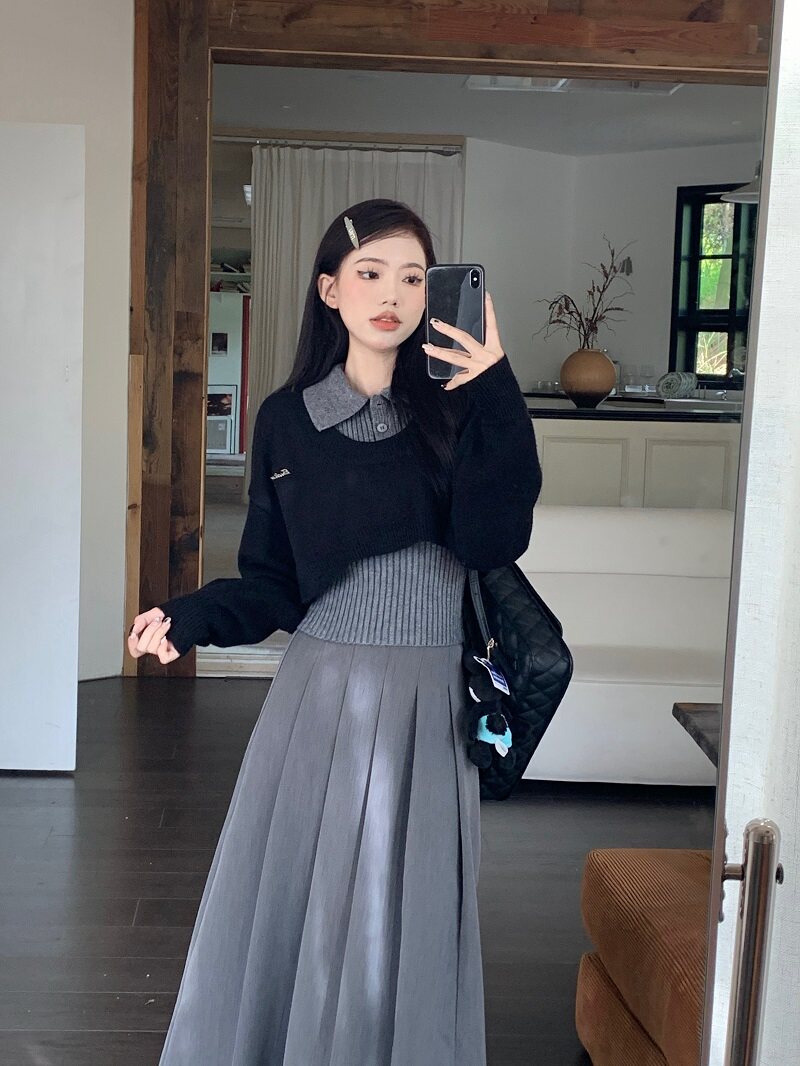 韩系学院风套装女春秋新款辣妹短款毛衣叠穿衬衫搭配百褶裙一整套