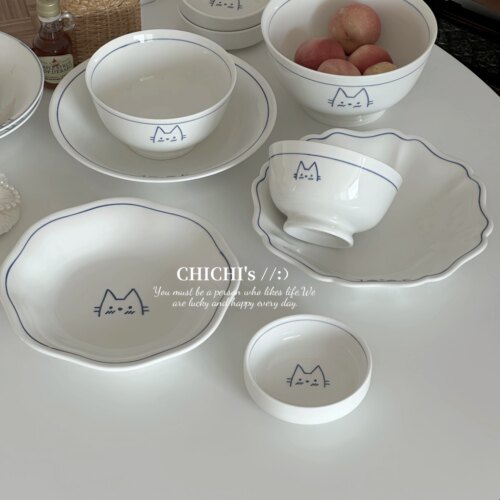 ins风可爱猫咪系列陶瓷米饭碗汤盘面碗大汤碗浅盘深盘花边盘