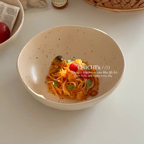 侘寂风哑光不规则泼墨圆形大饭盘哑光干饭碗大容量碗汤碗