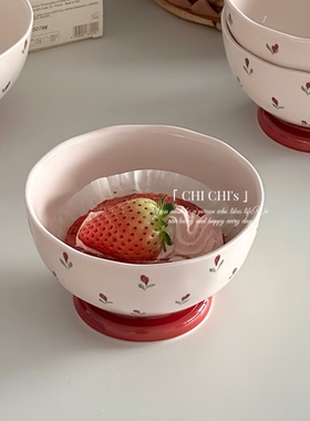 甜美ins可爱风花朵手绘陶瓷碗红色底粉白色碗家用釉下彩餐具套装