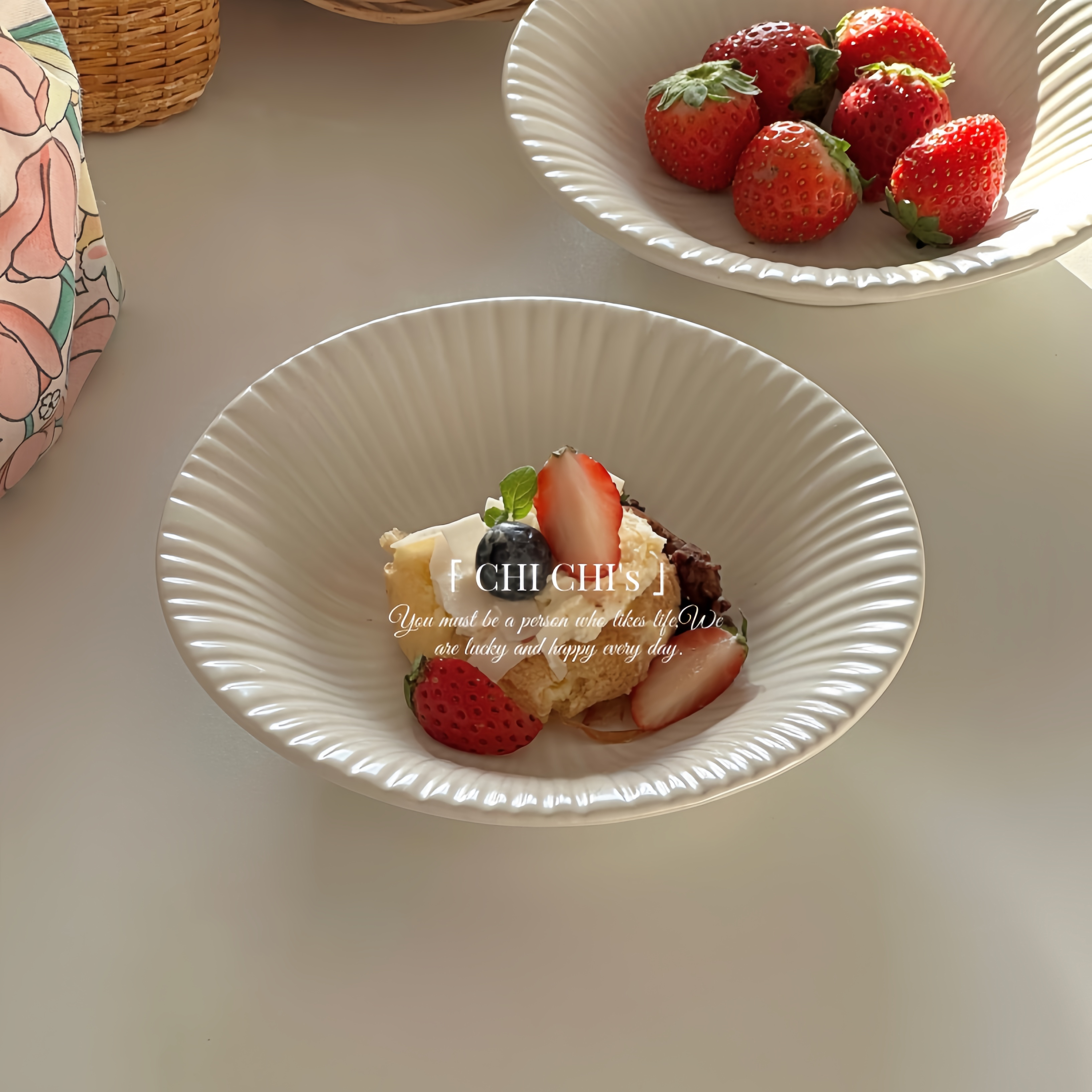 ins简约哑光线条陶瓷甜品碗家用白色波浪纹浅口碗米饭碗酸奶碗