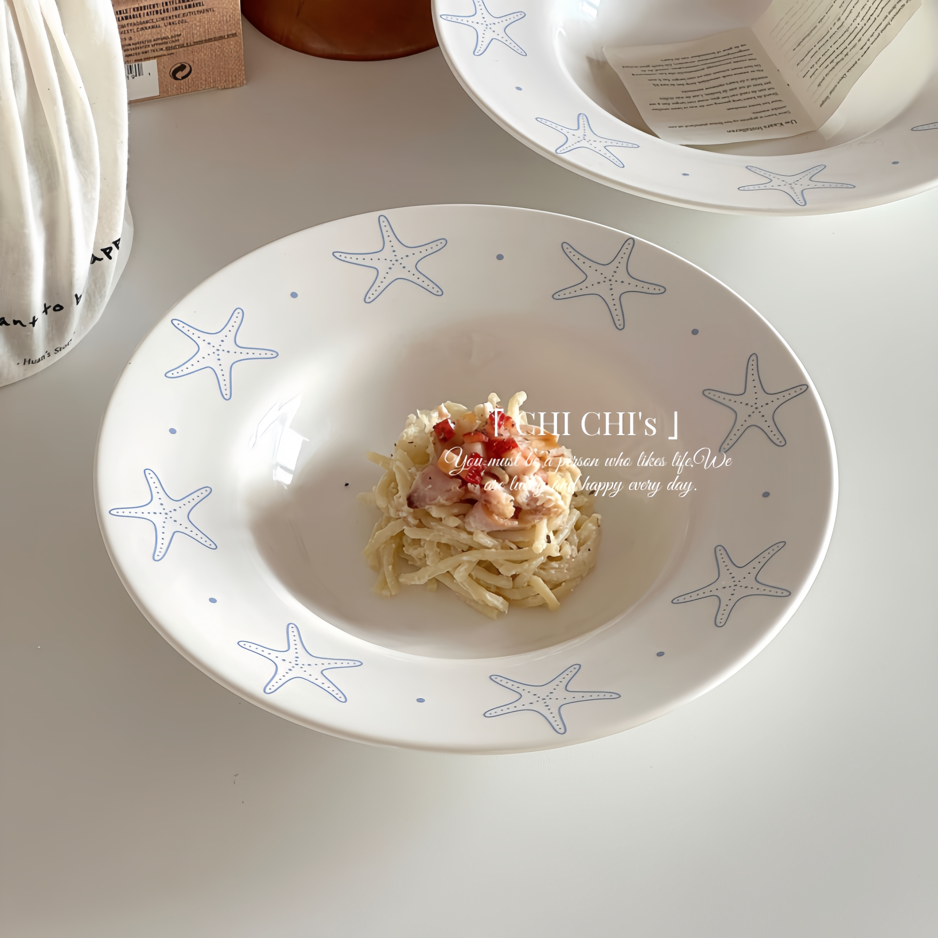 甜美可爱风海星草帽盘陶瓷盘商用餐盘家用韩式深盘汤盘意面盘,餐饮具,盘,淘宝优惠券,粉丝福利购,淘宝优惠卷