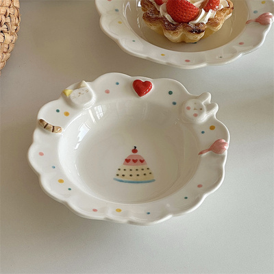 可爱手绘立体波点卡通餐盘