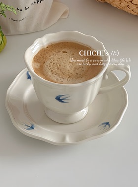 ins风手绘蓝色飞鸟釉下彩咖啡杯碟下午茶陶瓷马克杯高脚杯碟