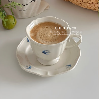 ins风手绘蓝色飞鸟浮雕咖啡杯