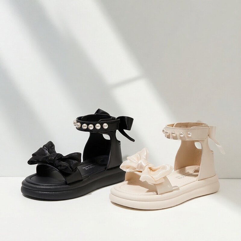 女童罗马凉鞋中大童软底蝴蝶结露趾夏季外穿配裙子公主鞋魔术贴