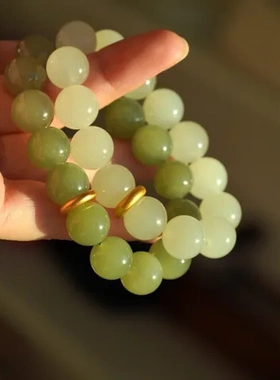 纯银砂金手串和田玉青玉冰色正宗配饰圆珠12mm圆珠珠串古法设计款