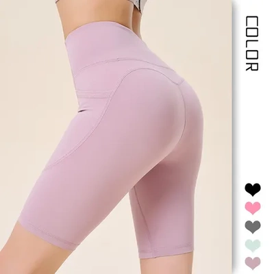 蜜桃骑行裤跑步高腰口袋速干女提臀锦氨裸感瑜伽健身五分运动短裤