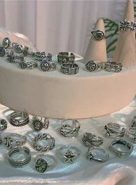 笑脸戒指冷淡风时尚指环口复古朋克泰银个性女ins韩国潮多层