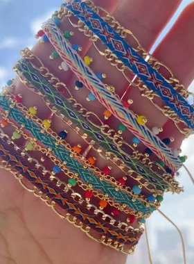 手工链条复古彩色手工钉珠手链织带民族欧美尼泊尔编织波西米