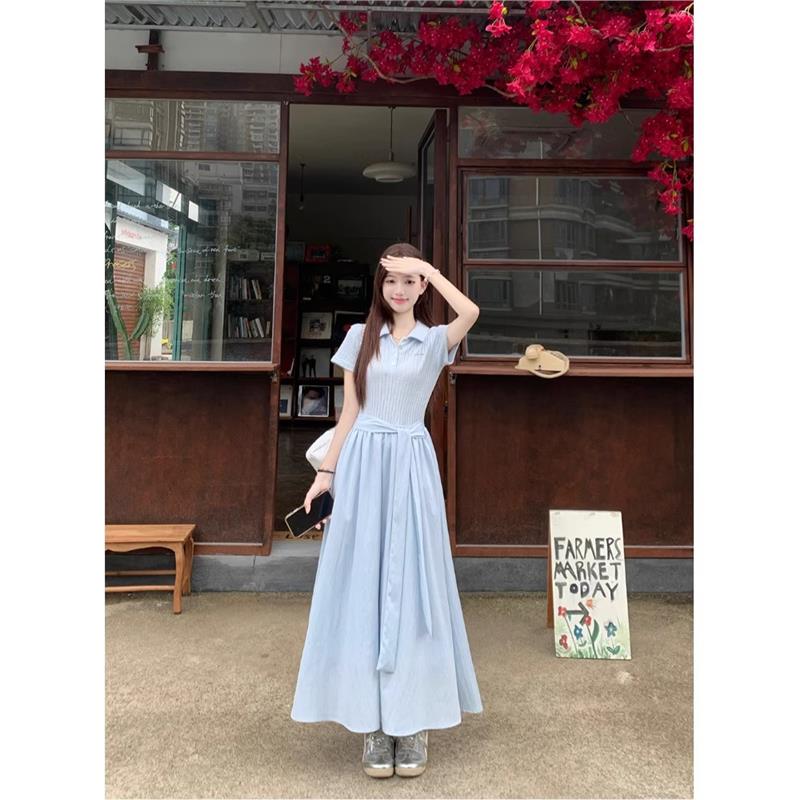 kumikumi设计感POLO领绑带短袖连衣裙女夏季新款小众别致显瘦长裙