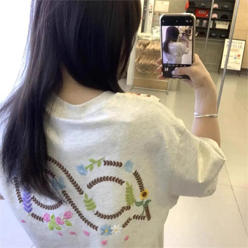 2025新款彩色波点刺绣t恤女宽松正肩纯棉美式花卉短袖设计感上衣