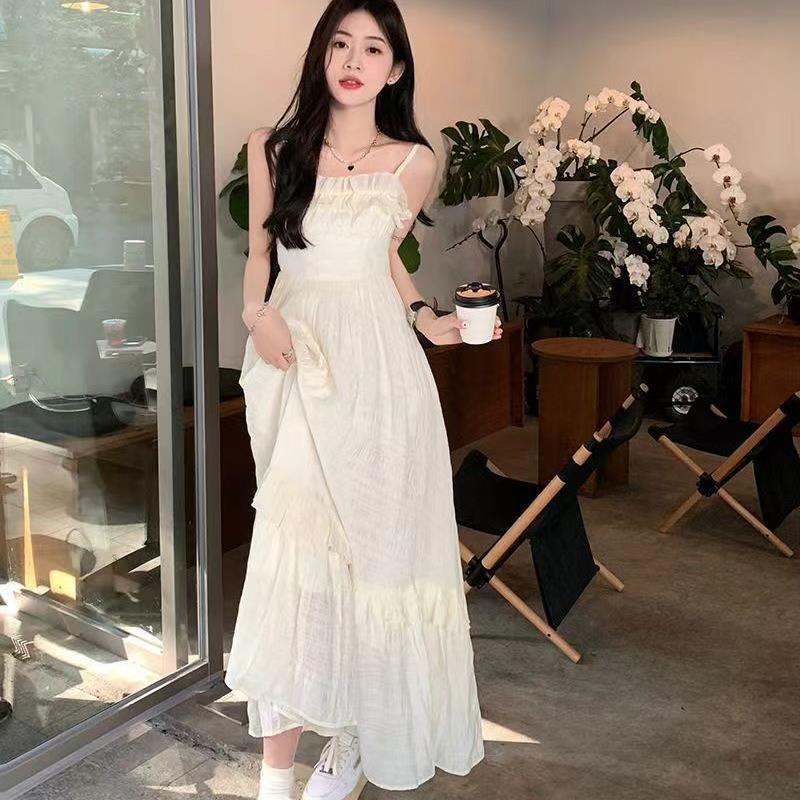 杏色木耳边抹胸吊带连衣裙女夏新款甜美法式小个子收腰超仙长裙子