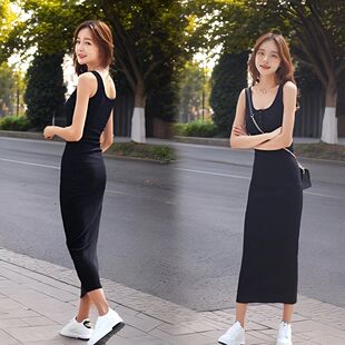时尚风黑色修身连衣裙女夏季无袖背心裙弹性棉长款显瘦打底内搭