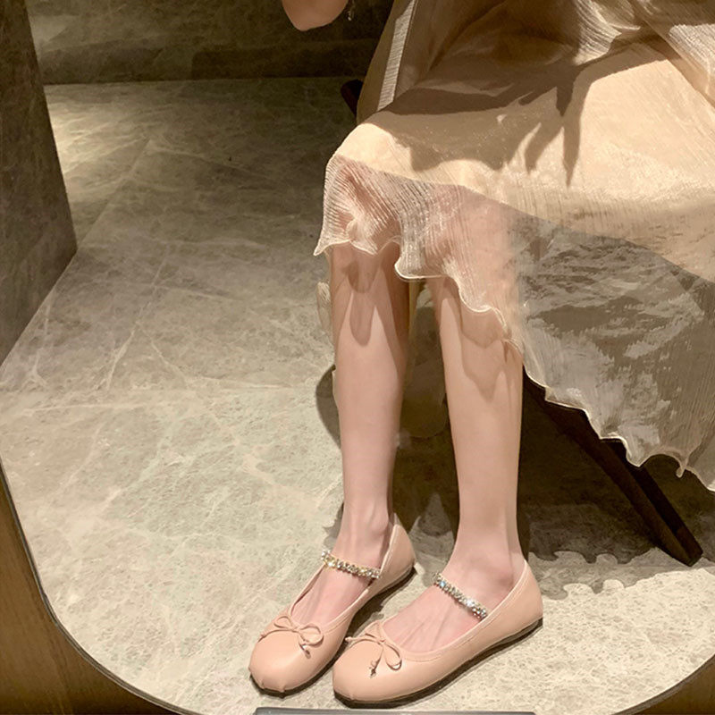 EVENING BREEZE GENTLE SINGLE SHOES FLAT SUMMER FRENCH BOW RHINESTONE SATIN BALLET MARY JANE SHOES