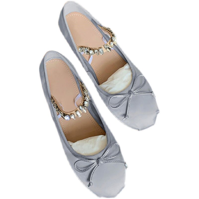 EVENING BREEZE GENTLE SINGLE SHOES FLAT SUMMER FRENCH BOW RHINESTONE SATIN BALLET MARY JANE SHOES