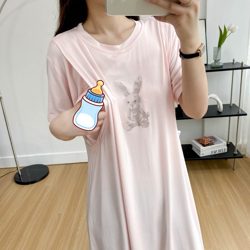 哺乳睡裙夏季莫代尔薄款孕妇产后母乳期喂奶睡衣短袖夏天连衣裙女
