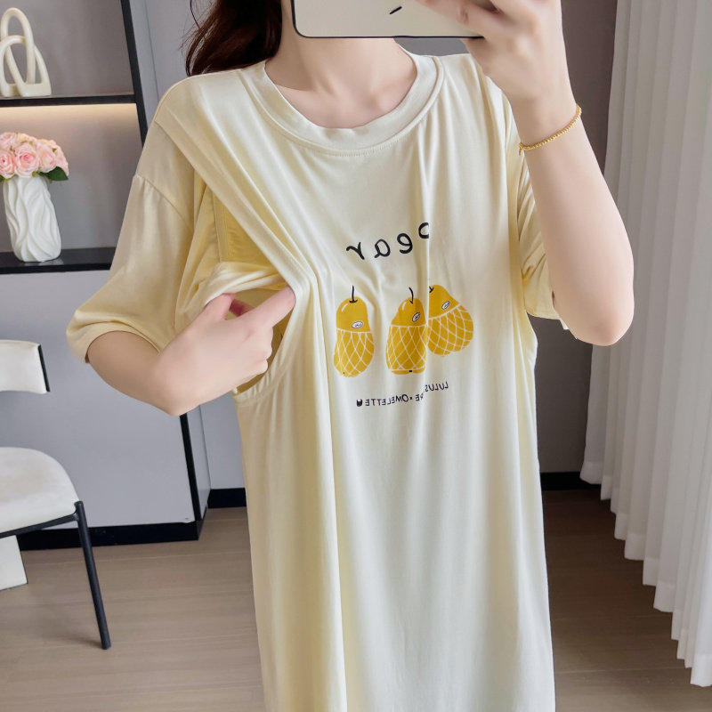 哺乳连衣裙夏季可外穿莫代尔薄款短袖睡裙带胸垫潮妈母乳喂奶裙子