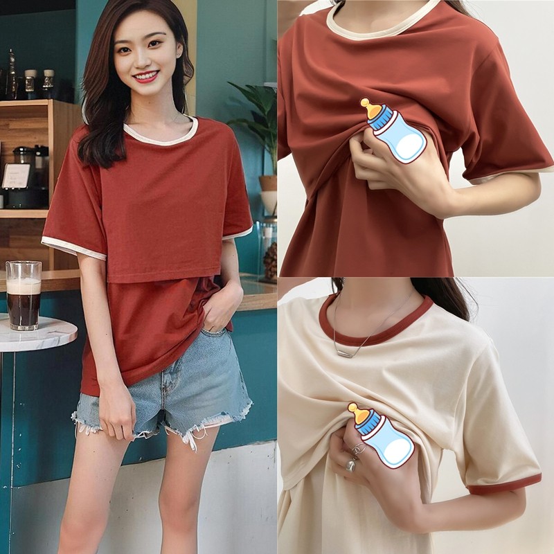 纯棉哺乳衣外出夏季薄款短袖T恤上衣产后母乳期宽松遮肚喂奶衣服