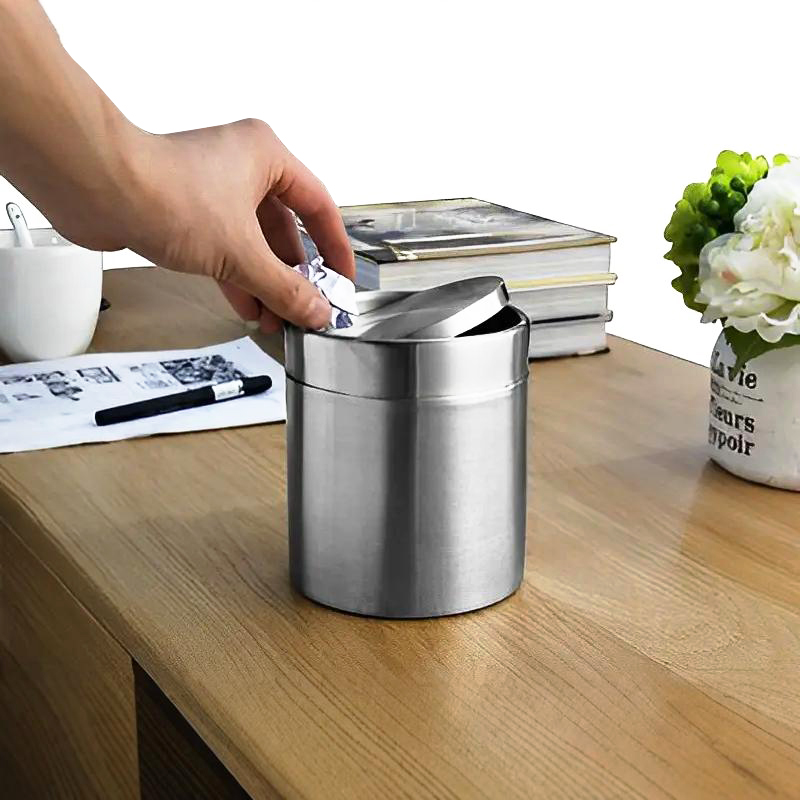 不锈钢桌面垃圾桶圆形摇盖式纸篓