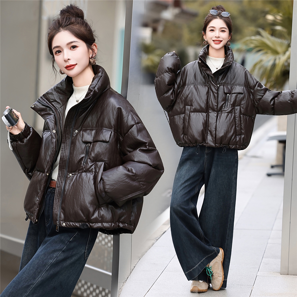 羽绒服女2025新款冬短款高端小个子免洗立领超流行爆款时尚PU皮衣