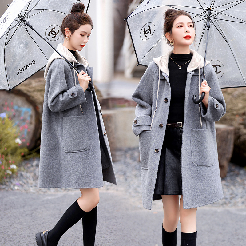 2025秋冬小个子休闲连帽双面羊绒大衣女中长款爆款高级感毛呢外套