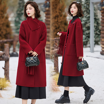 双面羊绒大衣女红色中长款2025秋冬新款高级感围巾可拆卸毛呢外套