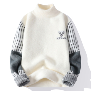 香港正品牌官方水貂绒毛衣男秋冬季青少年加绒加厚半高领针织衫初