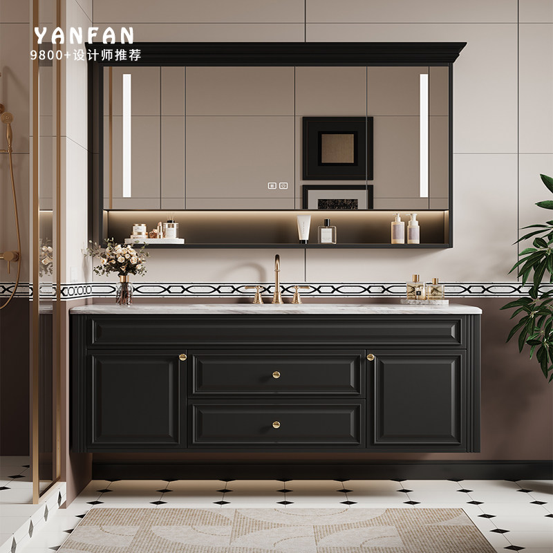 法式复古浴室柜组合卫生间洗漱台奢石台面智能镜柜美式烤漆卫浴柜