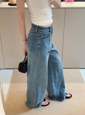 NAN新款显瘦1343M中腰经典复古廓形软薄透气夏日阔腿牛仔长裤女