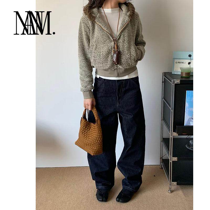 NAN宽松休闲阔腿牛仔裤复古丹宁原色中性中高腰掉裆牛仔裤女