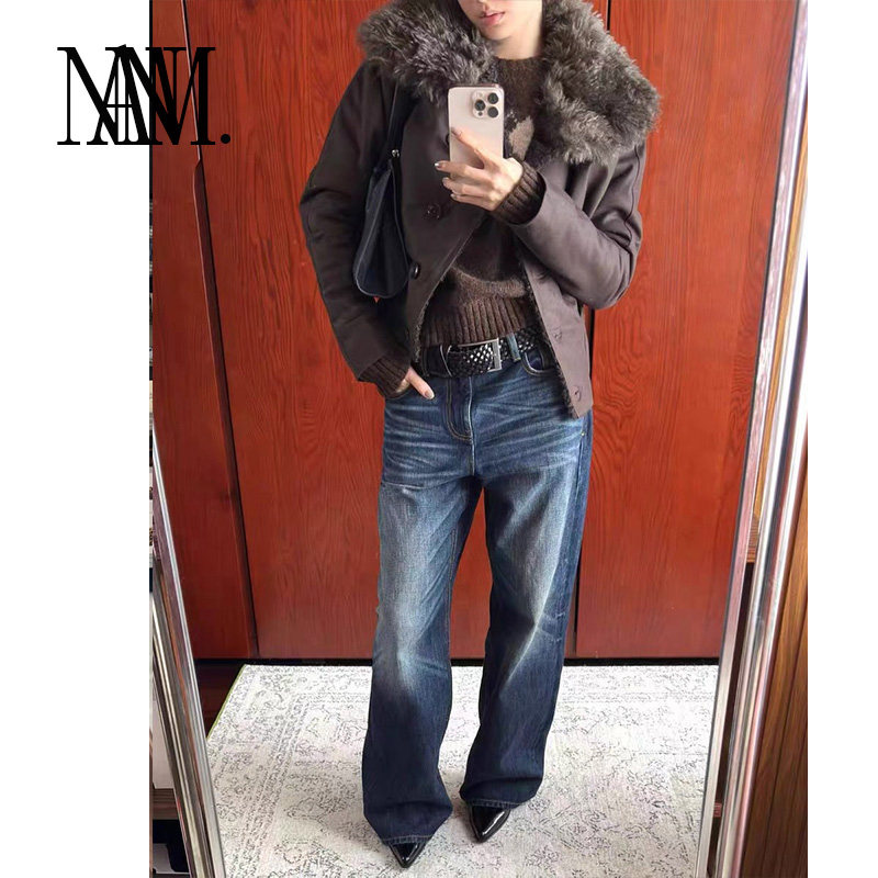NANM新款显瘦百搭080H高腰100%棉复古深蓝直筒阔腿牛仔裤女