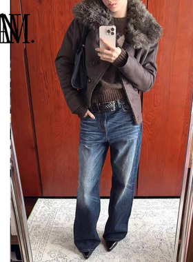 NANM新款显瘦百搭080H高腰100%棉复古深蓝直筒阔腿牛仔裤女