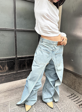 NAN复古水洗正反两穿宽松解构设计显瘦香蕉裤假两件阔腿裤牛仔裤