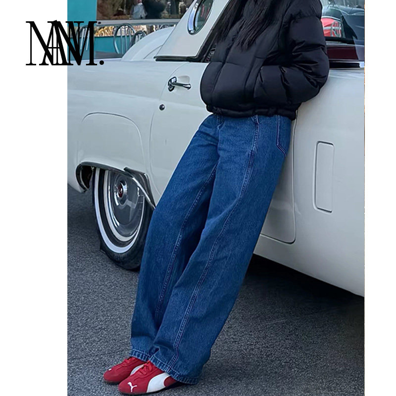NANM新款百搭显瘦深蓝2455H全棉中高腰复古洗水弯刀牛仔裤女
