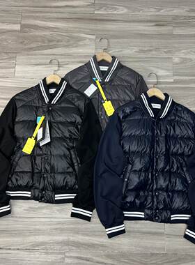 潮流条纹拼接夹克棒球领羽绒服