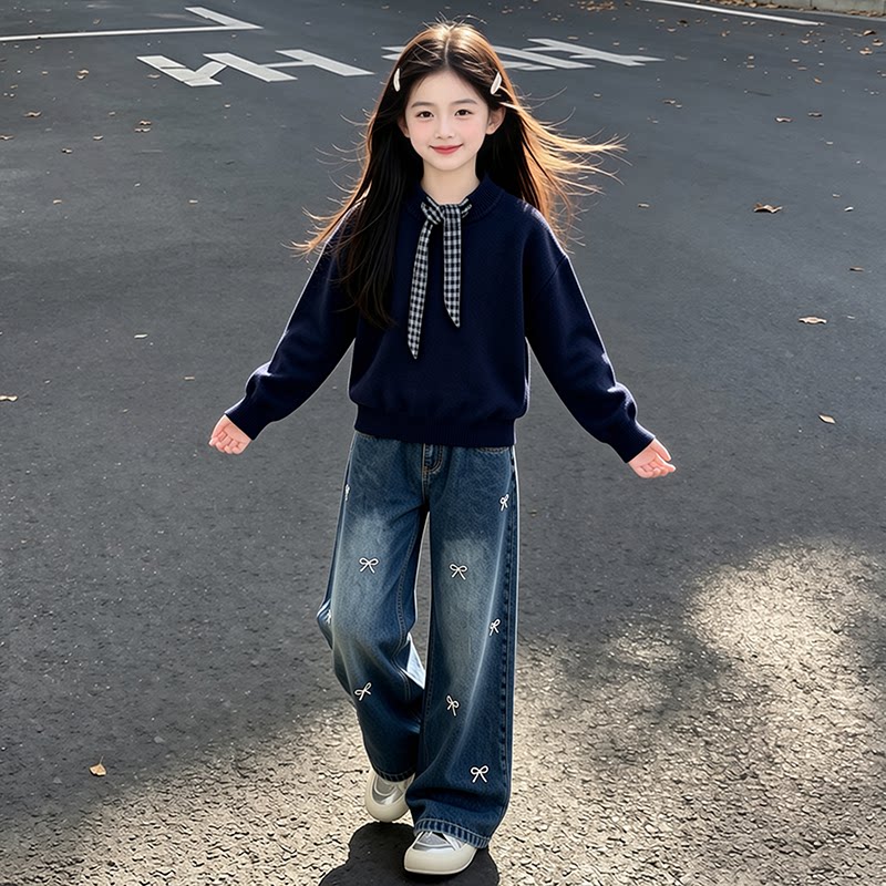 女童秋装套装2026新款儿童韩系穿搭套头毛衣春秋女大童牛仔裤童装