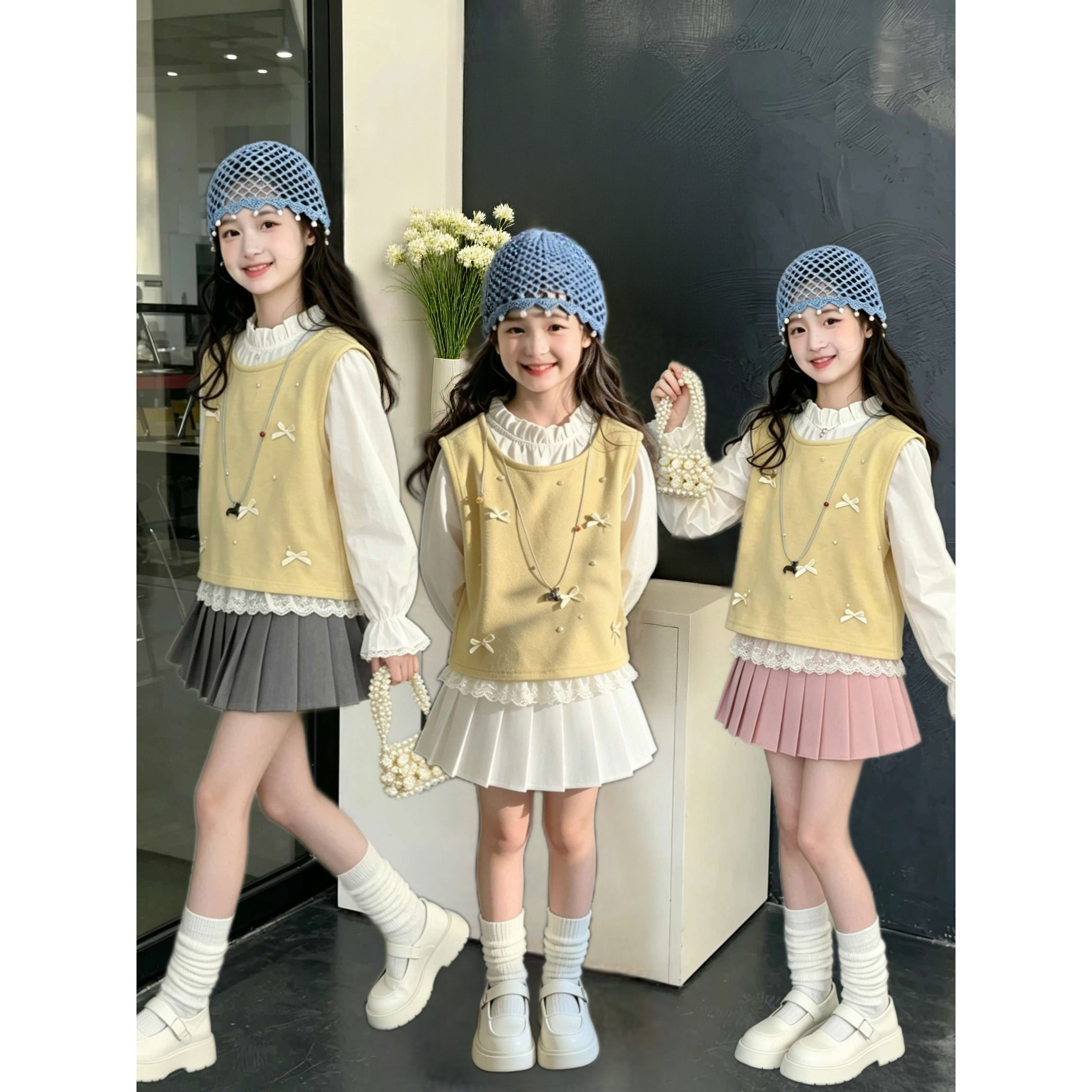 女童背心马甲春秋套装2026新款儿童花边衬衣上衣中大童学院风短裙