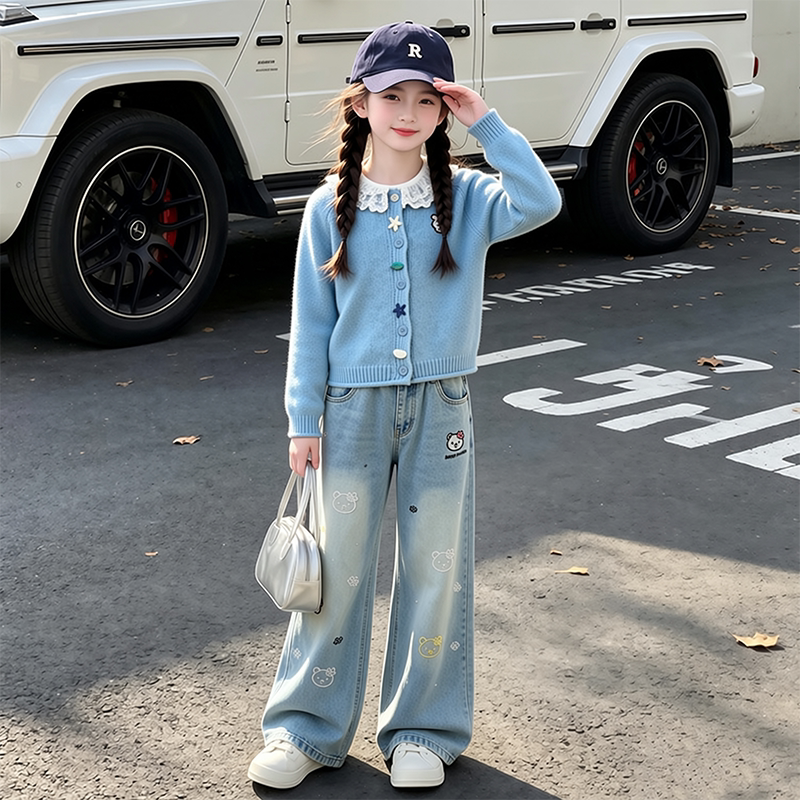 女童套装春秋2026新款韩版儿童毛衣打底牛仔裤女孩韩系叠穿三件套