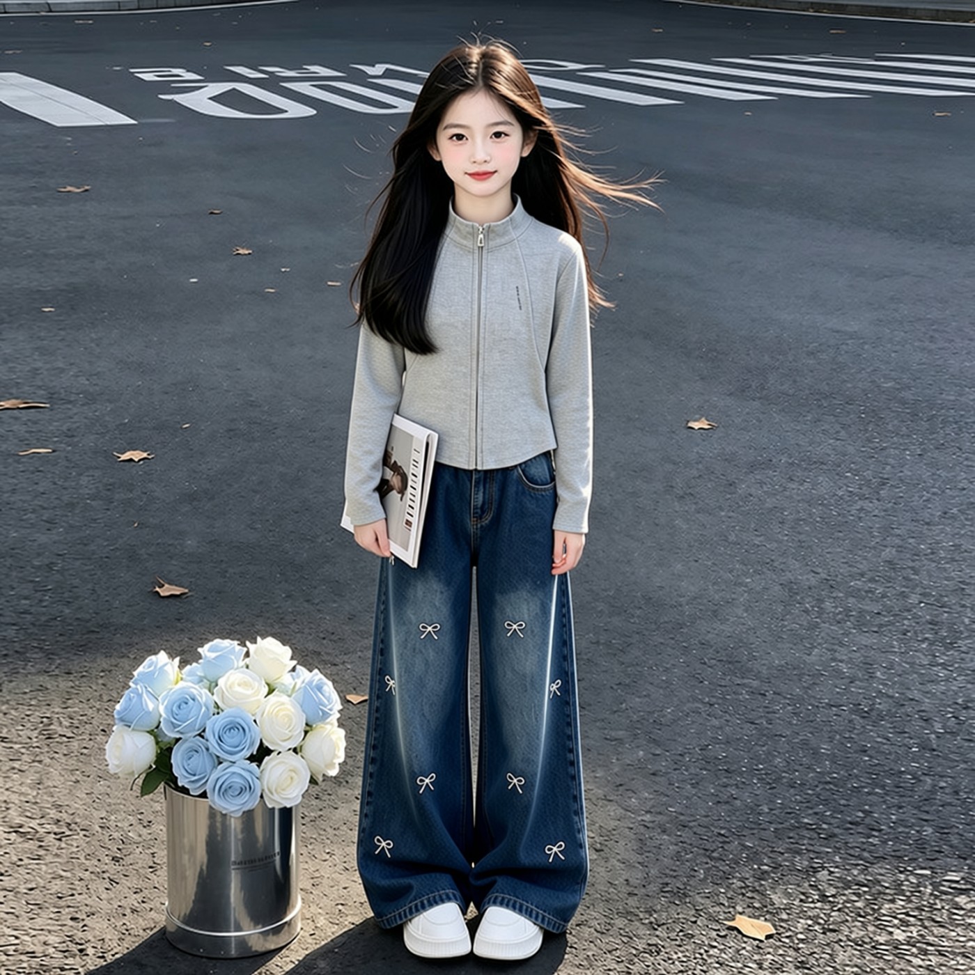 女童秋季卫衣拉链休闲运动套装儿童韩版开衫牛仔阔腿裤洋气套装潮