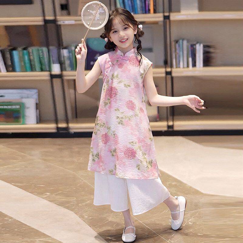 女童汉服旗袍裙套装夏季洋气中大童小女孩新中式国风连衣裙两件套