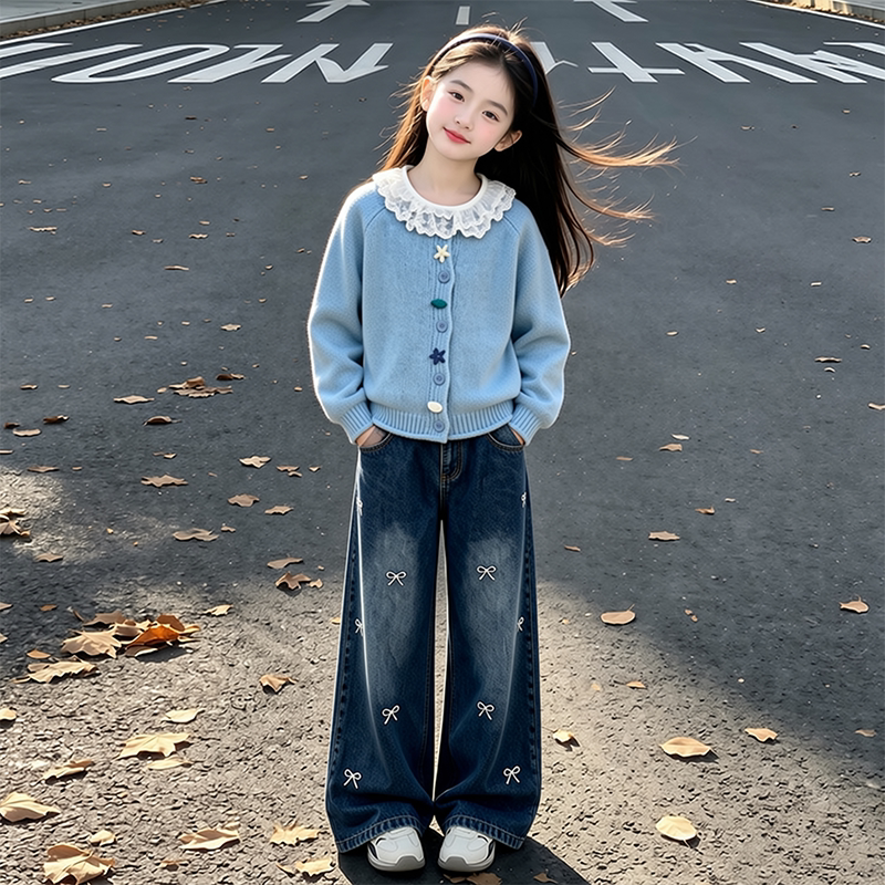 女童秋套装2026新款儿童洋气时髦韩版秋装女大童毛衣牛仔裤三件套