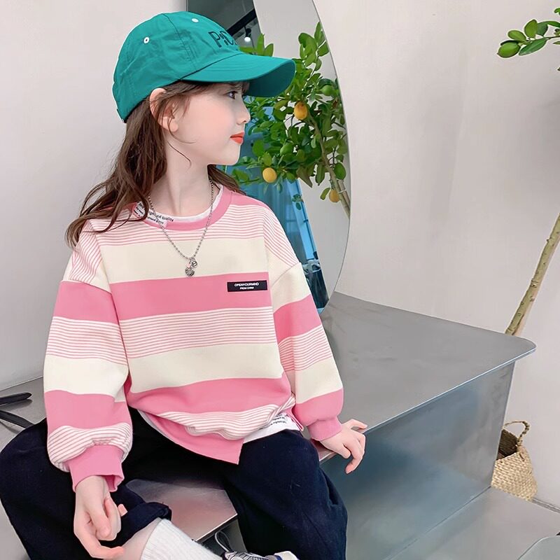 女童卫衣春秋款2026新款洋气儿童秋装长袖小女孩秋季套头条纹上衣