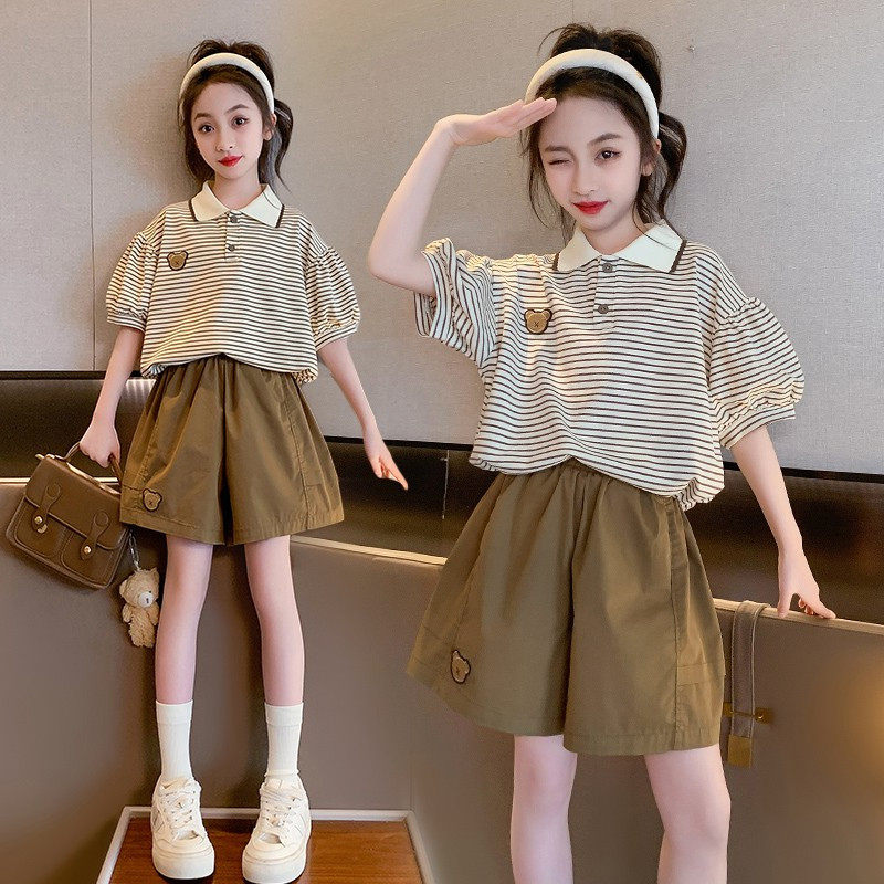 女童学院风套装夏季韩版洋气中大童条纹短袖POLO衫短裤休闲两件套