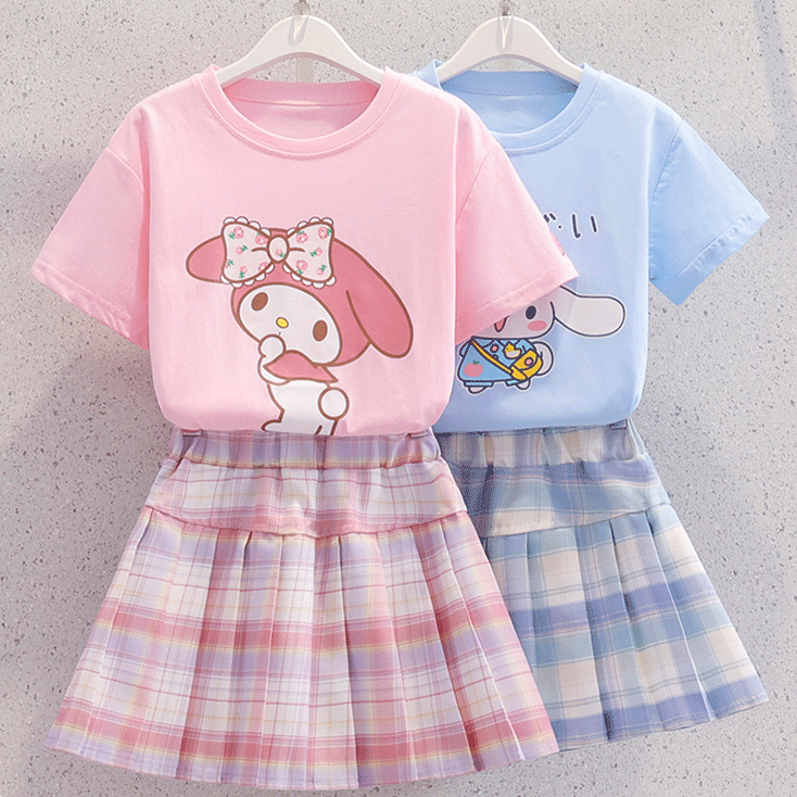 女童JK制服套装裙子夏季洋气中大童女孩卡通短袖格子半身裙两件套