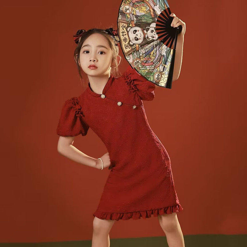 女童旗袍改良夏季复古公主裙大童中国风表演服洋气百搭红色连衣裙