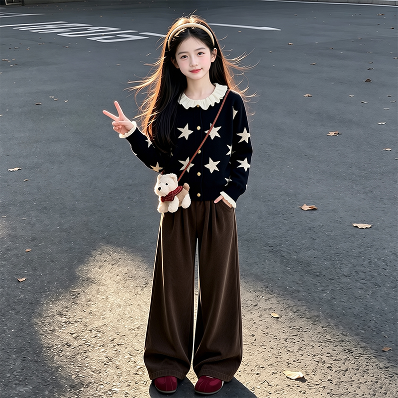 女童秋季针织开衫套装2026新款儿童秋装女孩毛衣阔腿裤三件套秋款